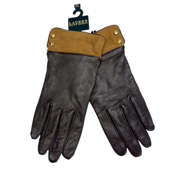 Lauren Ralph Lauren Leather Gloves Suede Cuff XL Brown Gold‎ Button NWT - Picture 6 of 6